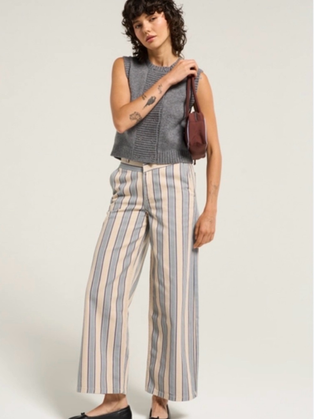 Striped Wide-Leg Trousers in Cream & Blue